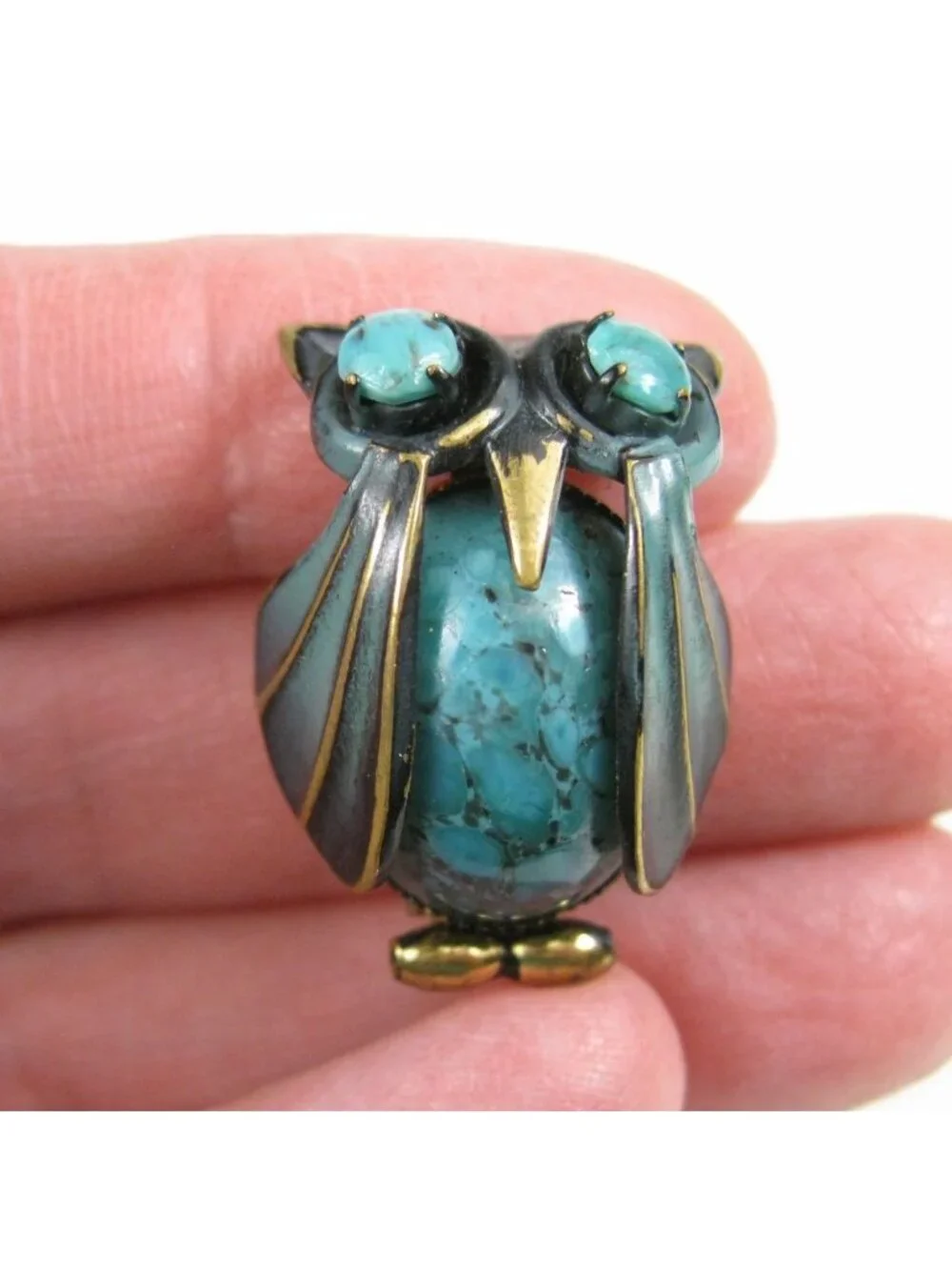 Vintage Turquoise Cabochon Enamel Owl Pin Brooch Germany Gold Tone 1 in 1960s